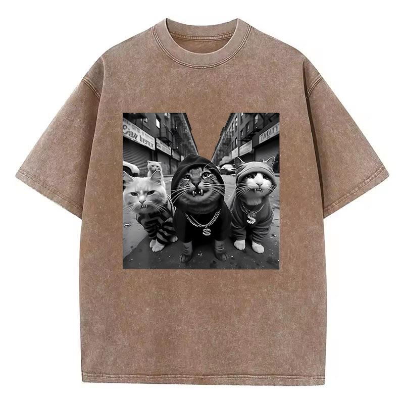 Уличная футболка с кошкой в стиле хип-хоп Винтажная стираная хлопковая футболка Графическая футболка Повседневная уличная одежда Весенняя летняя футболка