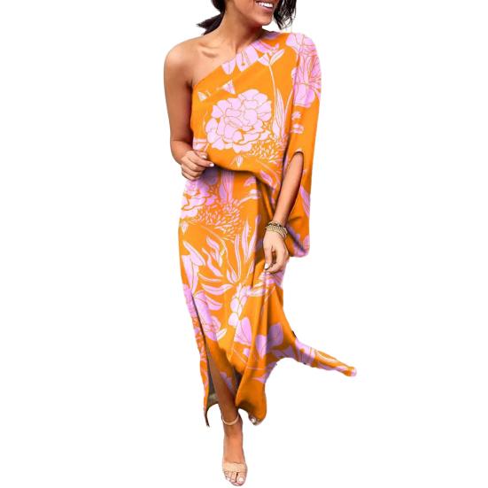 Женское платье макси на одно плечо с рукавами «летучая мышь» и цветочным принтом, длинное платье с разрезом