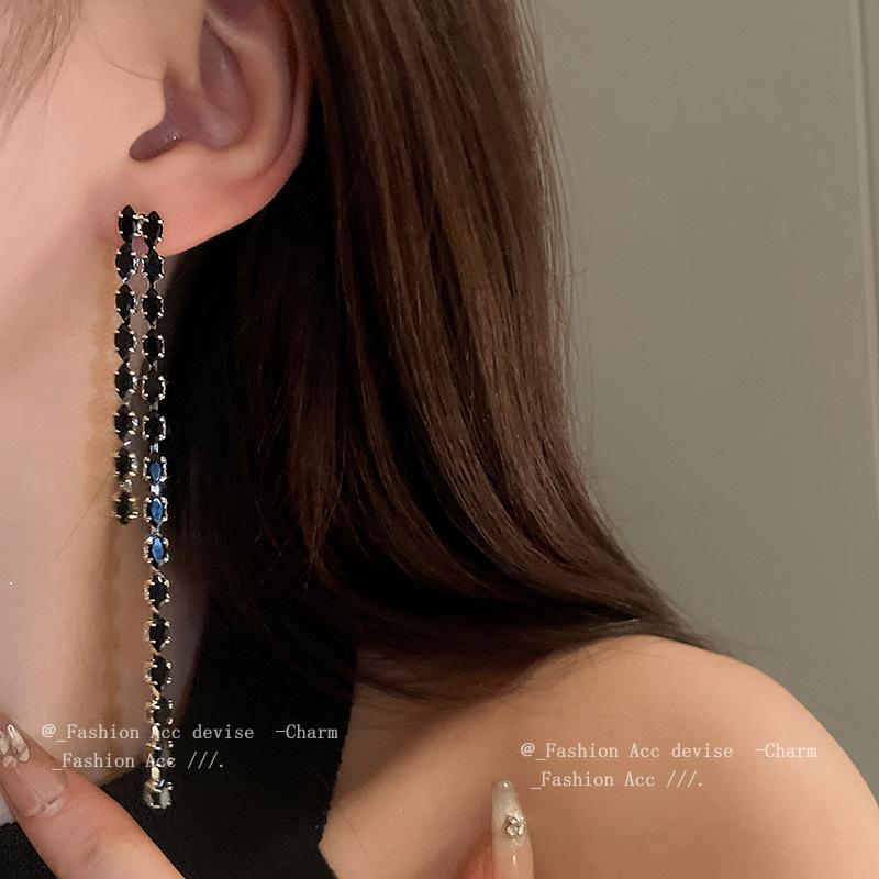 Silver needle zircon long fringed earrings European and American light luxury high-end stud earrings niche fashion versatile earrings women