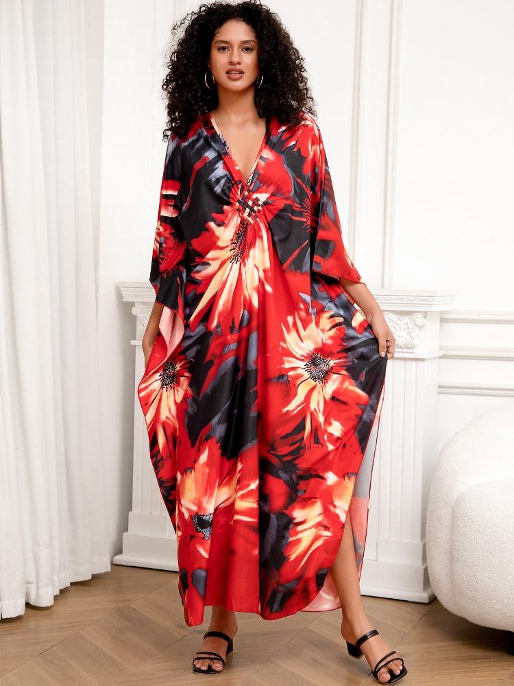 EDOLYNSA Red Bohemian Long Dress Relaxed Women's Kaftan Printed Holiday Cover Up Bat Sleeves Casual House dress