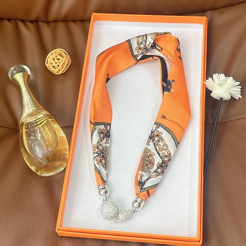 Silk Scarf Women's Spring, Autumn and Summer New Fashion Neck Protection Decoration Long Necklace Type Magnetic Buckle Scarf Small Scarf