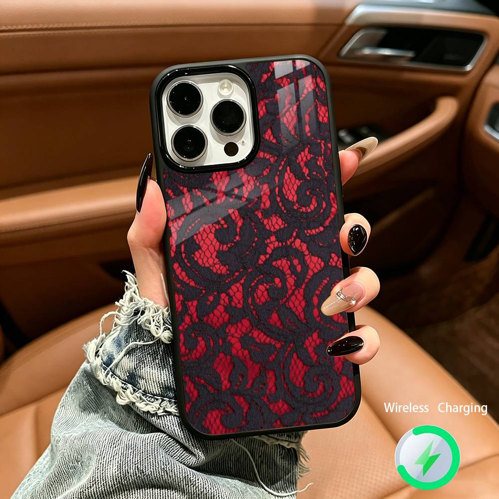 Красивый черный принт с кружевом Для IPhone17 16 15 14 13 12 11 Plus Pro Max Plus Беспроводная зарядка Чехол для телефона