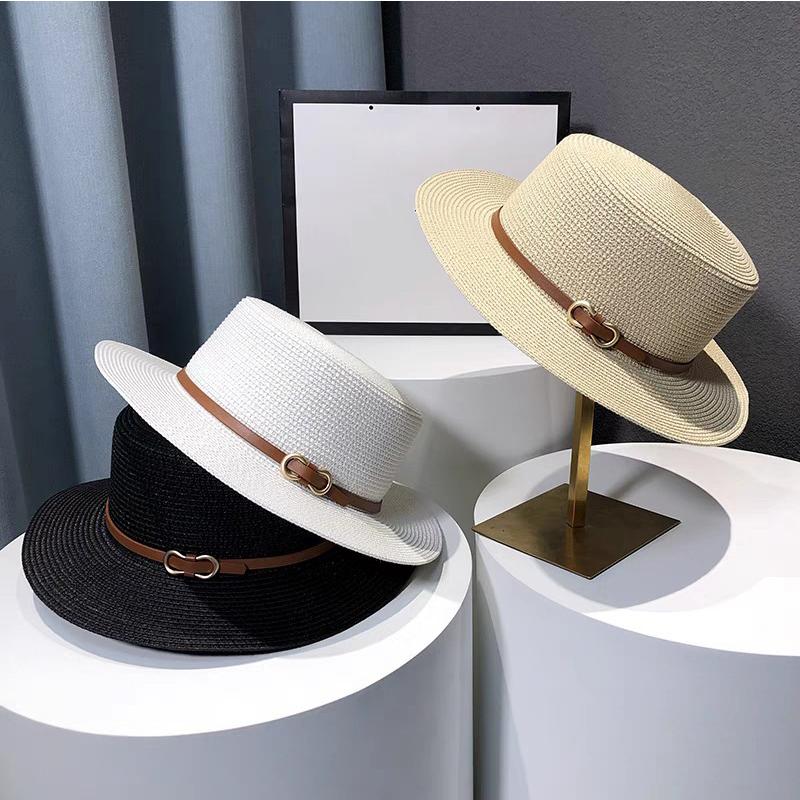 Flat Top Straw Hat Belt Accessories Leisure Summer Sunscreen Hat Women's Fashionable Beach Boater Hat Gifts 2023