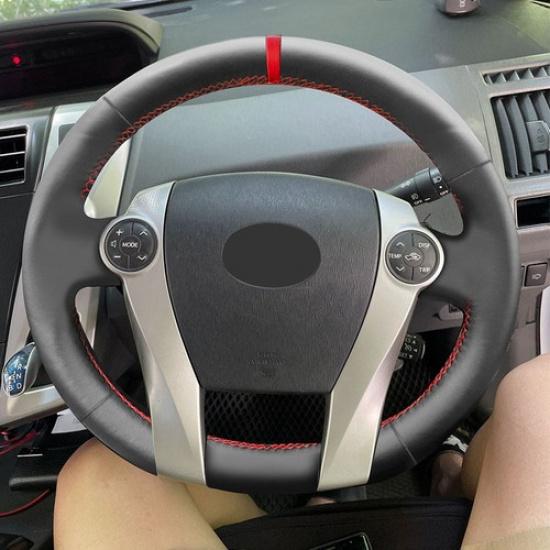 For Toyota Prius 30 XW30 Prius C Red-red Line Steering Wheel Leather Cover Trim