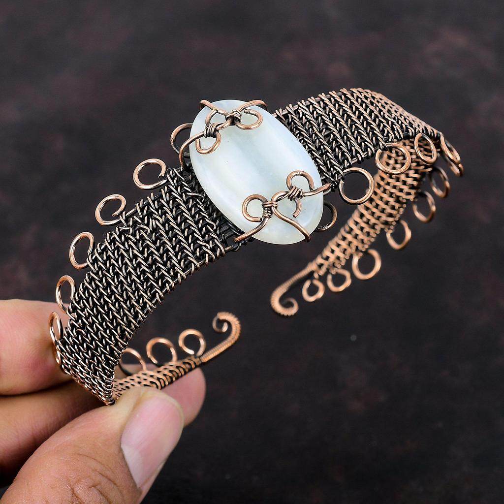 Ботсванский агатовый браслет, медная проволока, обернутая драгоценным камнем, браслет-манжета, регулируемый браслет, красивые медные ювелирные изделия, подарок для женщин, браслет ручной работы