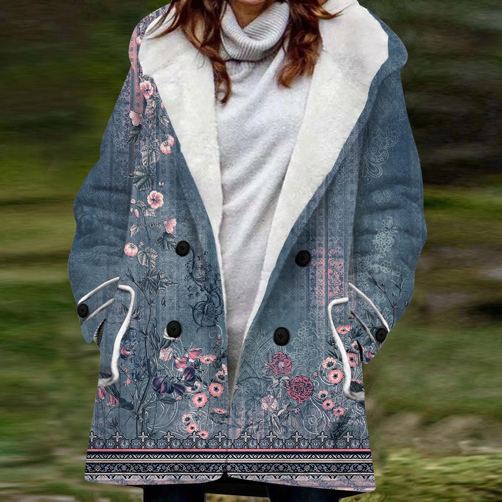 Женская большая куртка с теплой и плюшевой классической курткой на пуговицах с капюшоном и карманами в стиле ретро