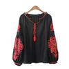 Ethnic Embroidery Floral Blouse Long Sleeve Women Shirts  Vintage Tassel Lace Up Collar Blusa Mujer