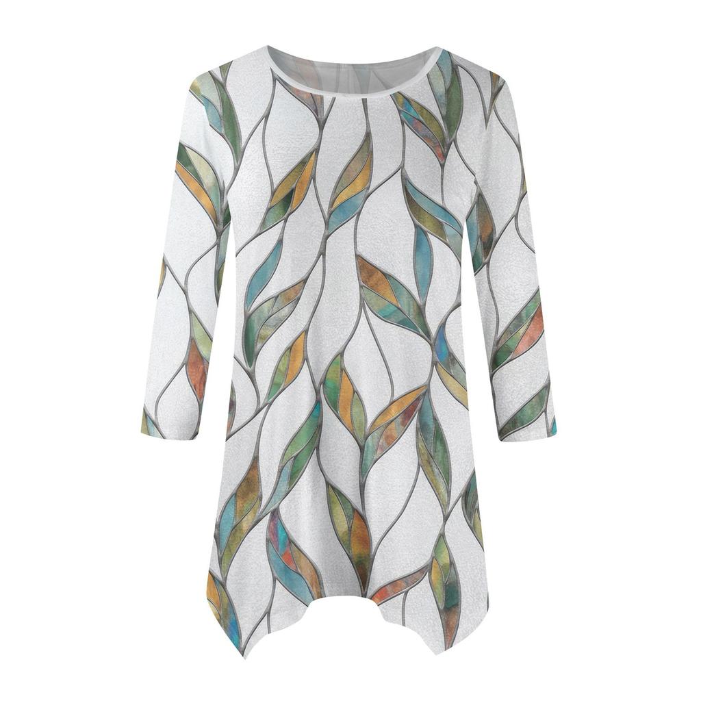 Женская модная повседневная рубашка с круглым вырезом и цветочным принтом, рукавами-семью, свободным удобным топом с поясом