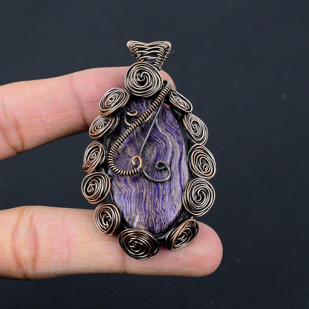 Шароит Драгоценный камень Медная проволока Обертывание ручной работы Кулон Ювелирный подарок для нее