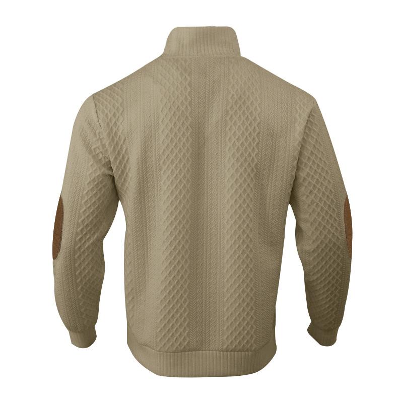 Men's Autumn/Winter Jacquard Knit Pullover Sweatshirt with Standing Collar and Leather Elbow Patches