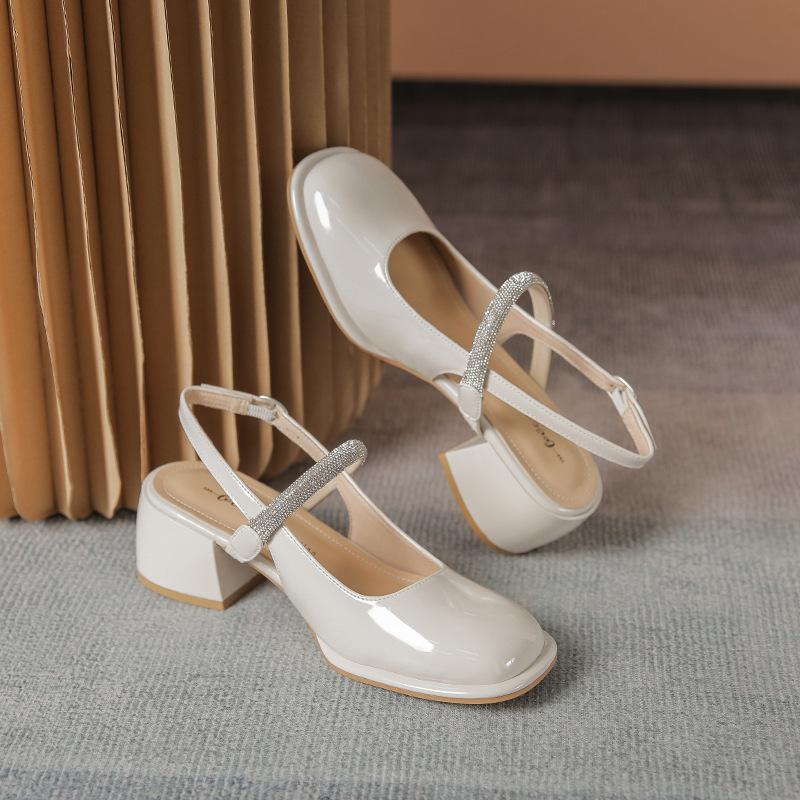 Летние босоножки Мэри Джейн на высоком каблуке с ремешками, украшенными кристаллами, 2024 г. Новые повседневные босоножки Baotou на квадратном каблуке среднего размера 34-40
