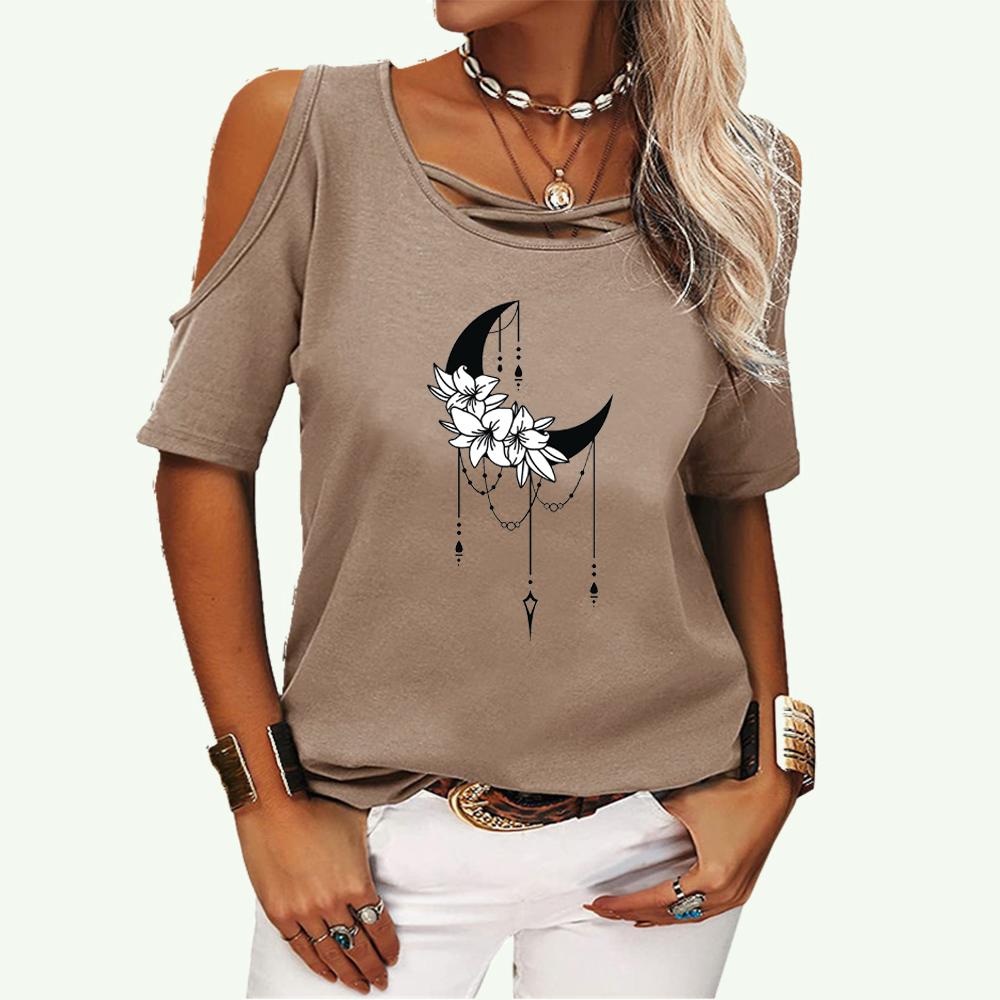 Women Fashion Print Short Sleeve T-shirt Ladies Off Shoulder Top Casual Round Neck Summer Tee Shirt