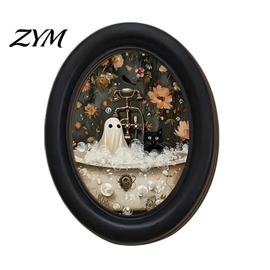 Unique Housewarming Gifts Halloween Wooden Door Hanging Sign, Oval Gothic Black Cat Ghost Wall Plaque, Retro Spooky Aesthetic Room Decor Waterproof