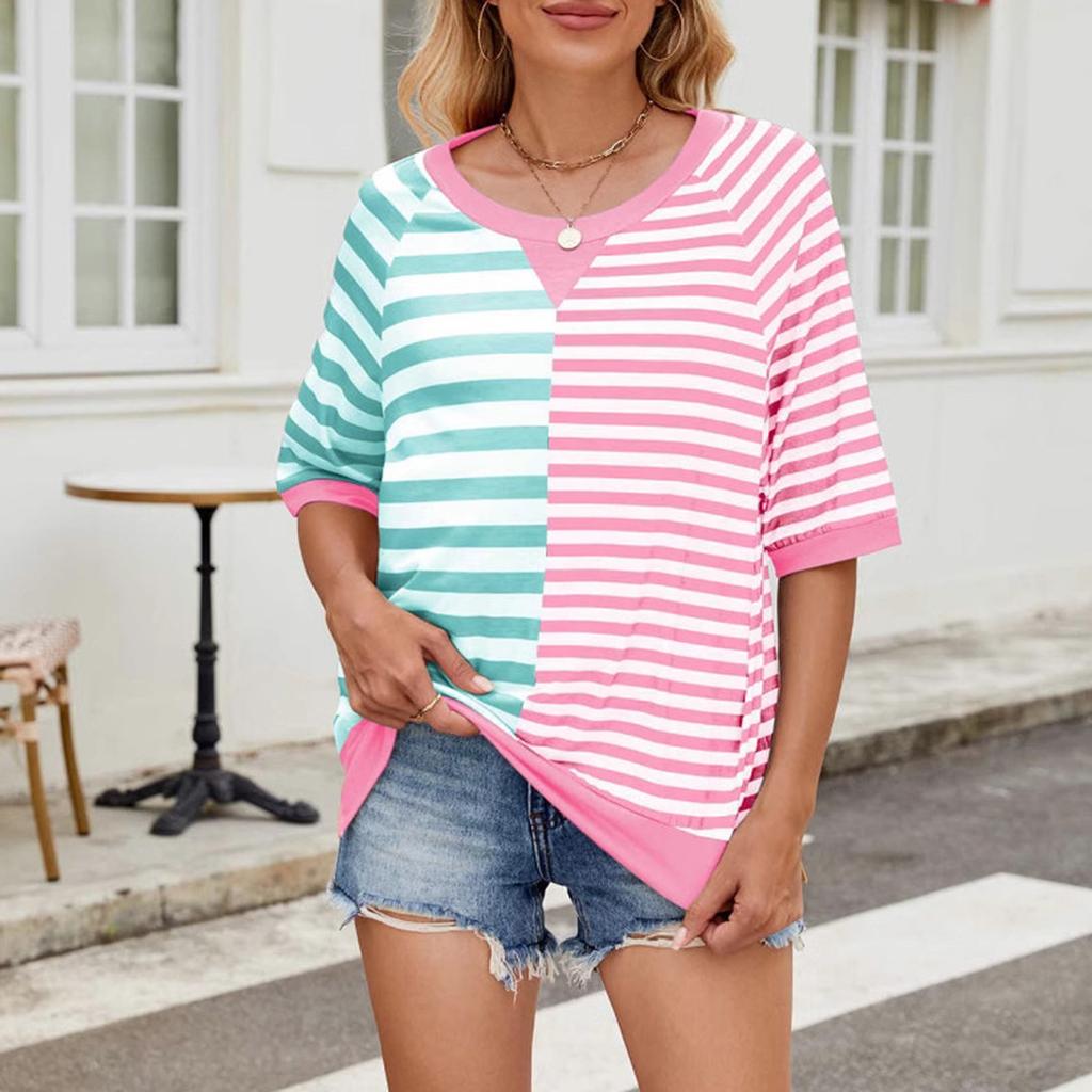 Women's Striped Colorblock Round Neck Loose Short-sleeved Pullover Top