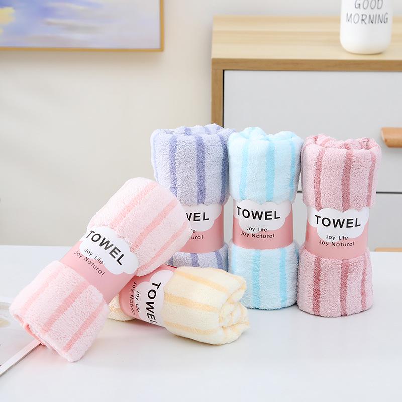Soft Absorbent Warp-Knit Coral Fleece Towel with Thin Stripes - Thickened Face Wash Towel with Customizable Logo