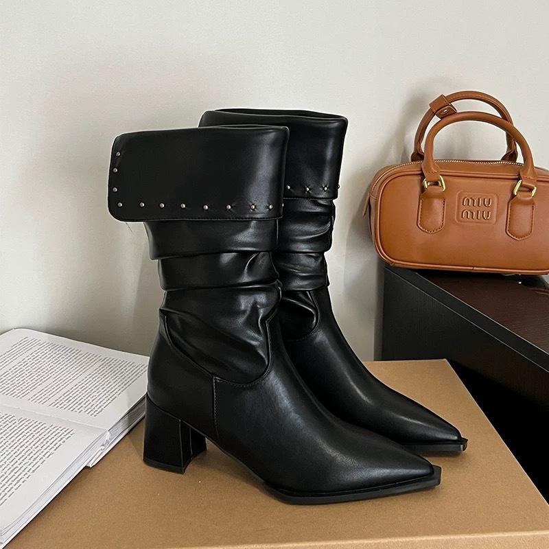Full of Personality! Pleated Stacked Boots Are Popular This Year, White Rivet Pointed Thick Heel Medium Tube Fashion Boots