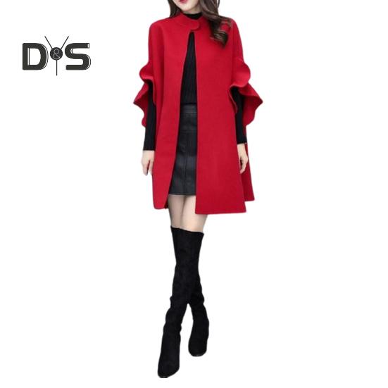 Женское зимнее пальто с рукавами-лепестками, воротником-стойкой, накидкой-трапецией, кардиганом средней длины с открытыми стежкам, шерстяным пальто для улицы, пончо