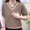Летний женский свитер крупной вязки с воротником, свободный и стройнящий топ, полосатая футболка из ледяного шелка