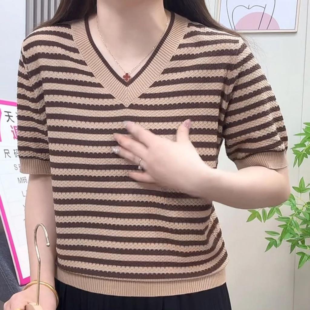 Летний женский свитер крупной вязки с воротником, свободный и стройнящий топ, полосатая футболка из ледяного шелка