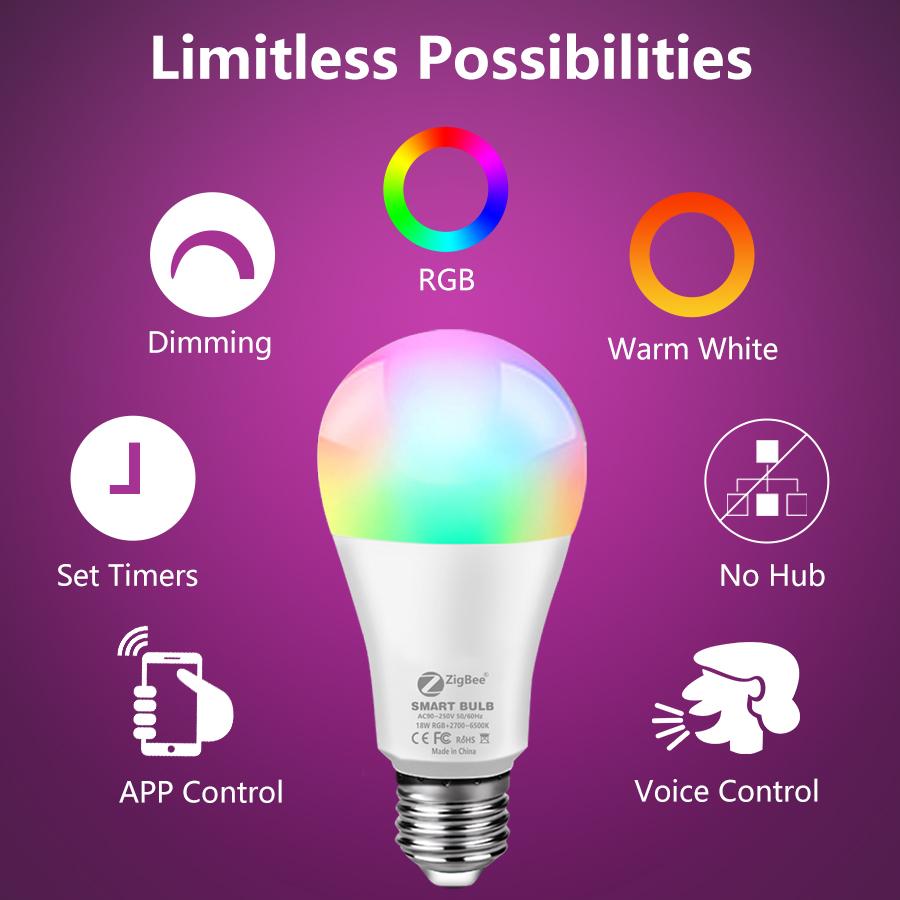 Zigbee 3.0 Умные светодиодные лампы E27 18 Вт 15 Вт 12 Вт RGB + WW + CW с регулировкой яркости и голосовым управлением через приложение для украшения спальни, гостиной