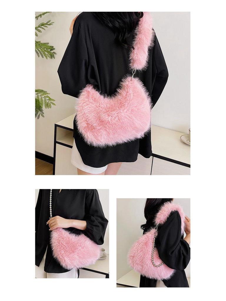 Autumn/Winter Faux Fox Fur Plush Shoulder Bag with Pearl Chain