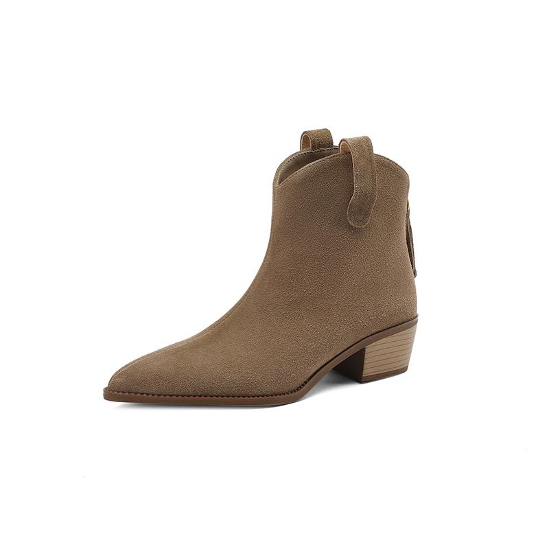 Новые женские ботильоны из коровьей замши на толстом каблуке с острым носком в стиле ретро, повседневная женская обувь для отдыха на природе, осень-зима 2024 г., женская обувь