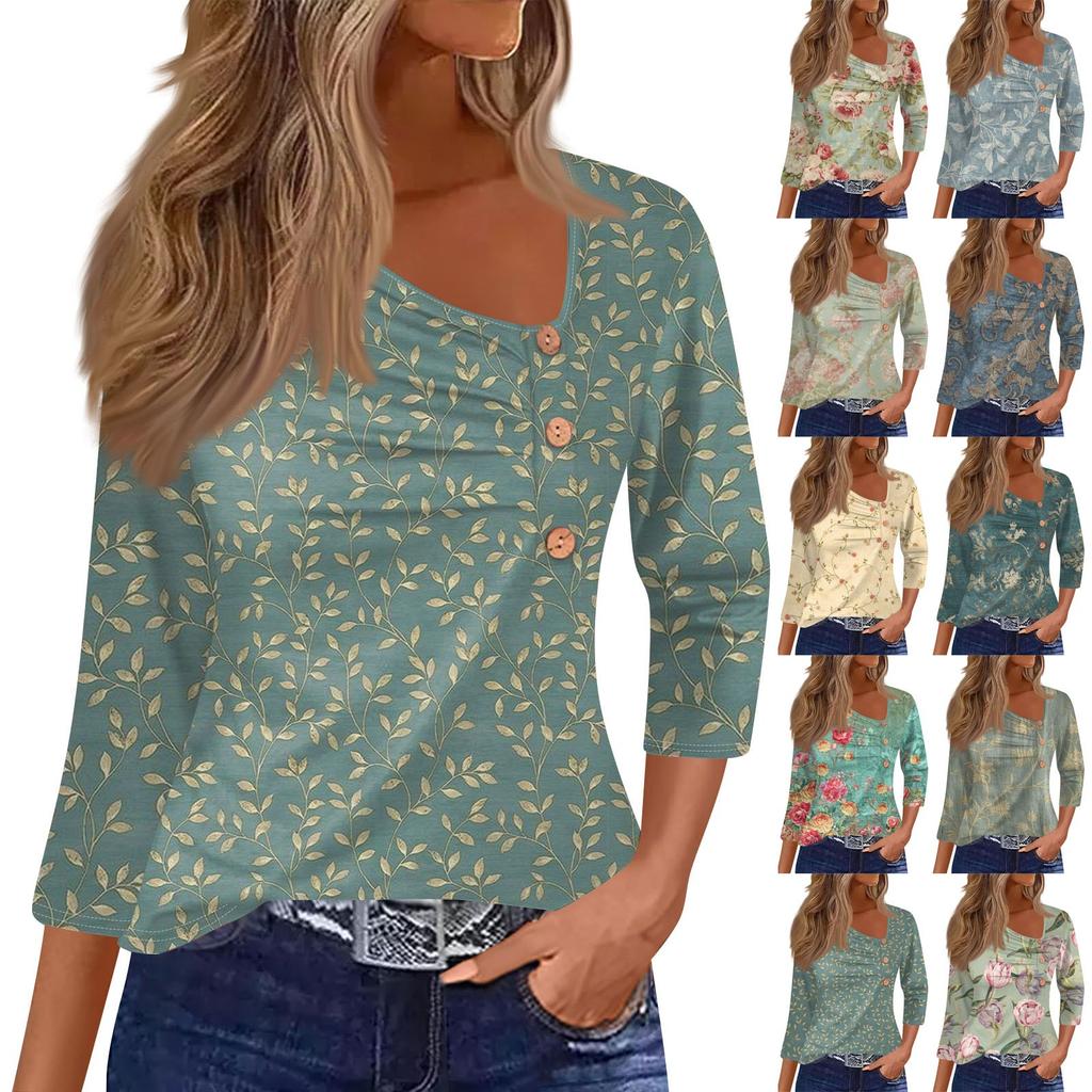 Women's T Shirt Tee Print Button 3/4 Sleeve Daily Weekend Fashion Basic Regular Top
