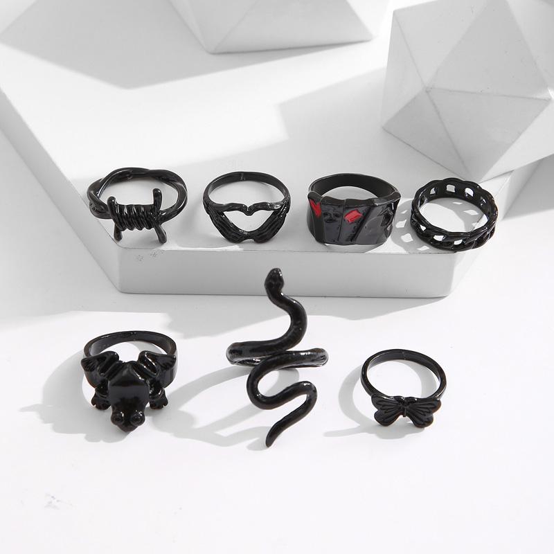 7 шт. винтажные панк-кольца черного цвета в виде змеиного сердца для женщин и мужчин, модные геометрические черные кольца-бабочки, комплект ювелирных изделий, подарок