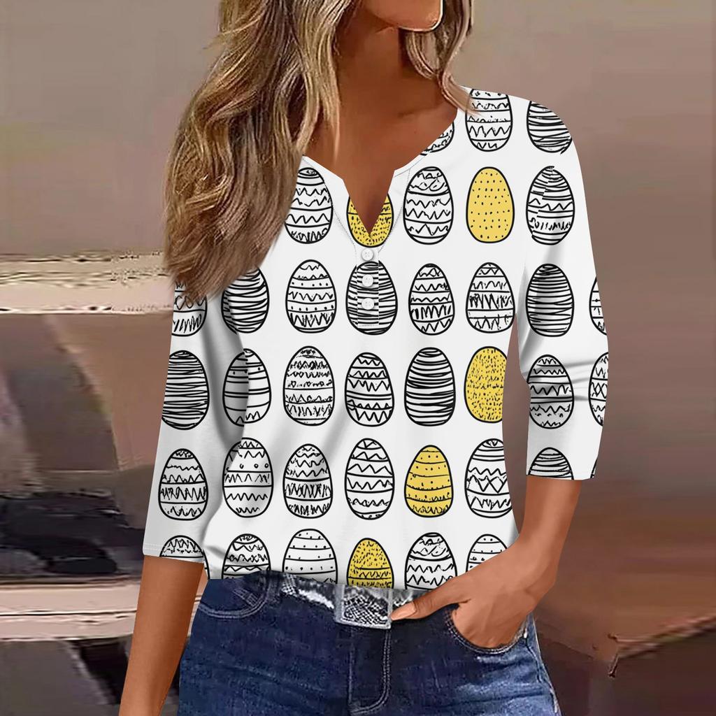 Жен. Футболка Футболка С принтом Пуговицы Рукав 3/4 Повседневные Выходные Мода Классический V-образный вырез Обычный Топ