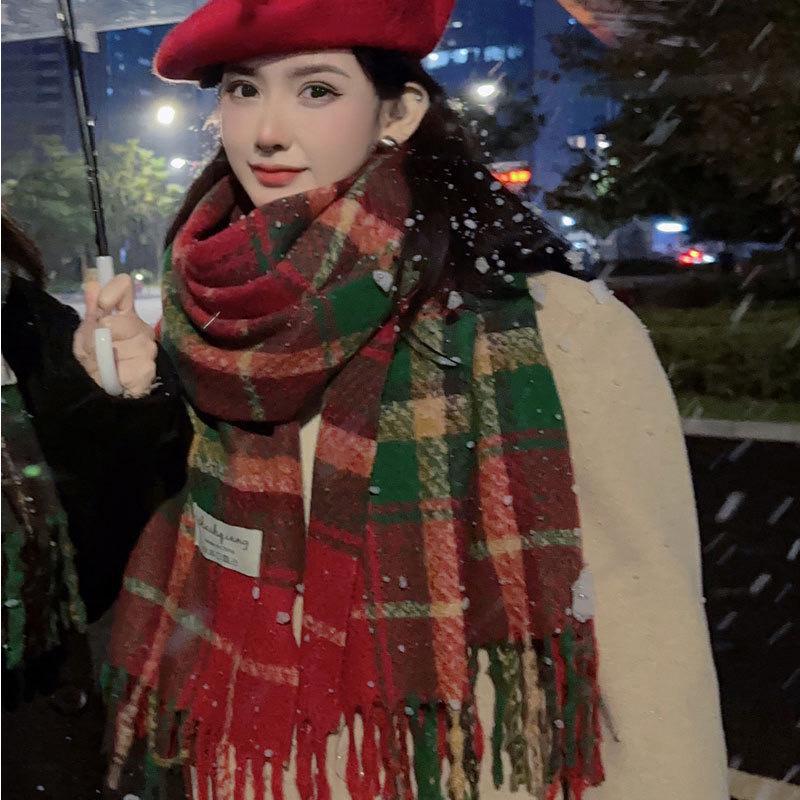 Korean Christmas Red Plaid Knitted Scarf for Women – Retro Tassel Neck Warmer