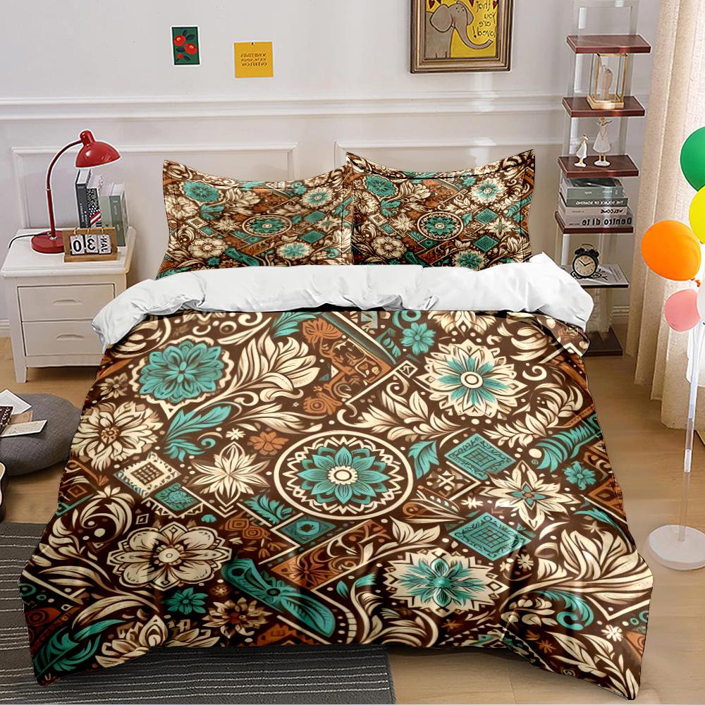 Floral Mandala Brown and Teal Bedding Set Bedding set (1 duvet cover, 2 pillowcases, duvet not included)