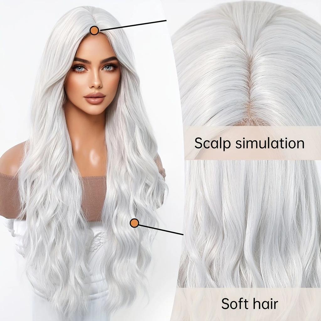 Серебристо-белый Средний Большой Волна Синтетический Длинные Вьющиеся Волосы Модный Элегантный Чисто Белый Имитация Парика Женский Парик