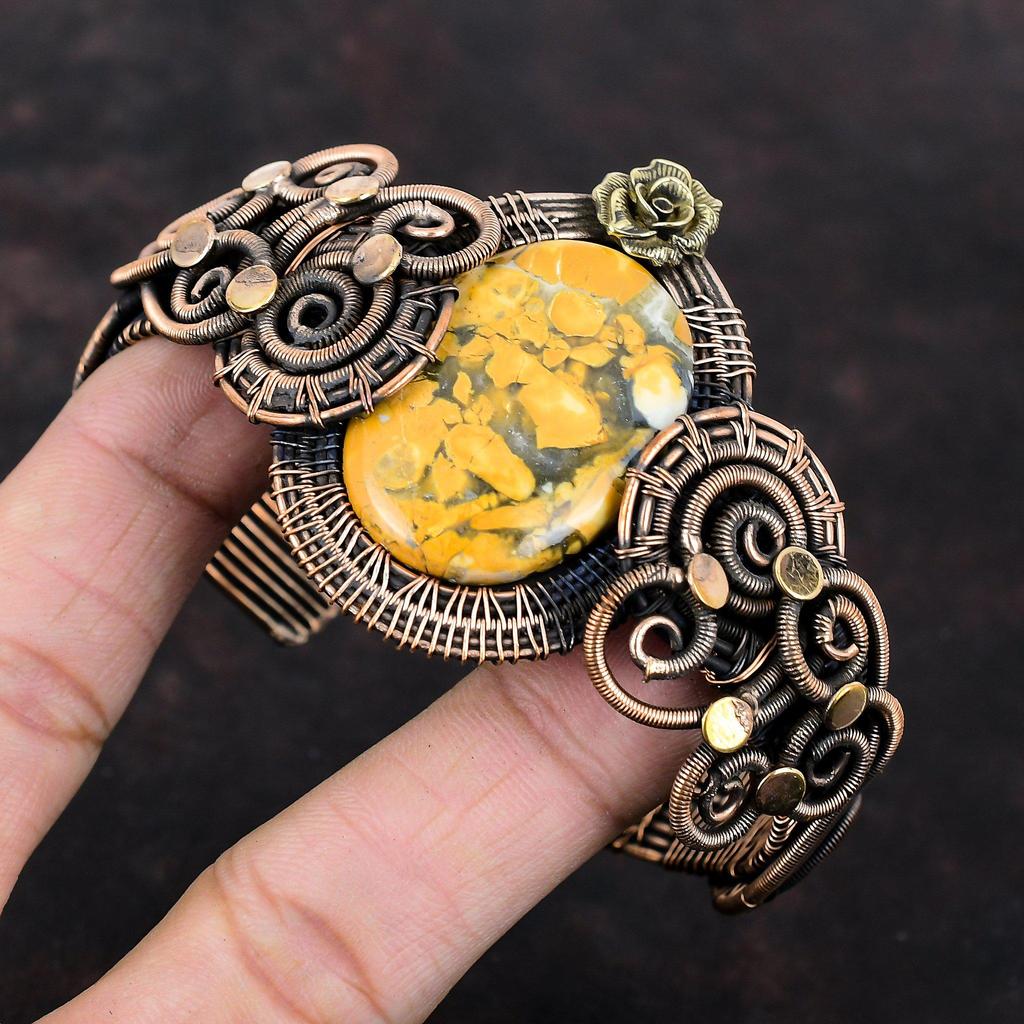 Браслет-манжета из яшмы Малигано, медная проволока, ювелирные изделия из драгоценных камней, регулируемый браслет, браслет с цветами ручной работы, подарок для нее, браслет из медной проволоки