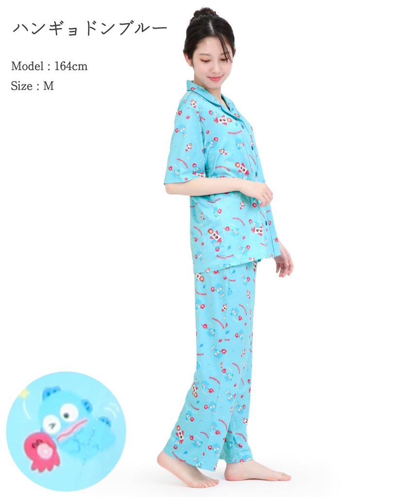 SAZAC Cosmic Hangyodon Shirt Powder Stretch Short Sleeve and Long Pants Loungewear Pajamas, Fabric, Women's Set, (Blue/L/SAN1953)