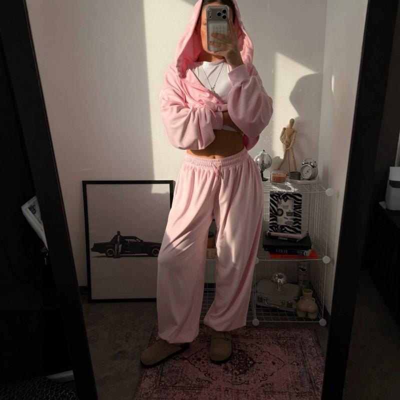 Womens Solid Color Zip-Up Hooded Sweatshirt Straight Leg Pants Set Cotton Blend Streetwear Activewear