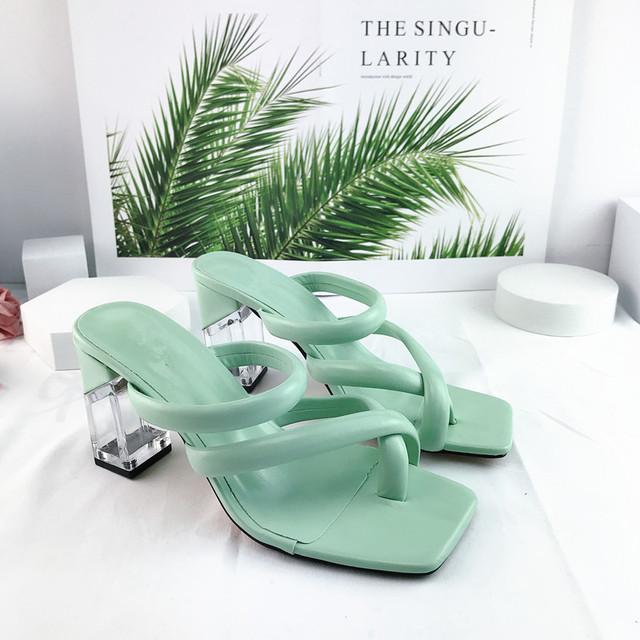 Женские летние шлепанцы на высоком каблуке 8,5 см, туфли-лодочки, прозрачные шлепанцы на блочном каблуке с кристаллами, женские удобные туфли без шнуровки зеленого цвета для вечеринки в стиле фетиш
