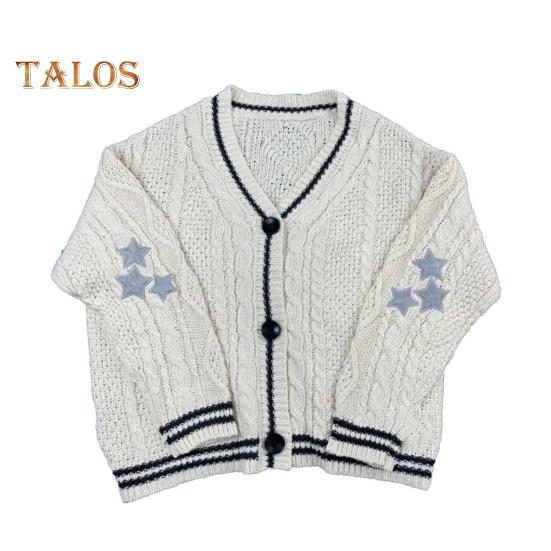 Женский свитер, пальто с V-образным вырезом, длинный рукав, однобортный вязаный кардиган, пэчворк, цветная вышивка, узор в виде звезды, свободный крой, трикотаж