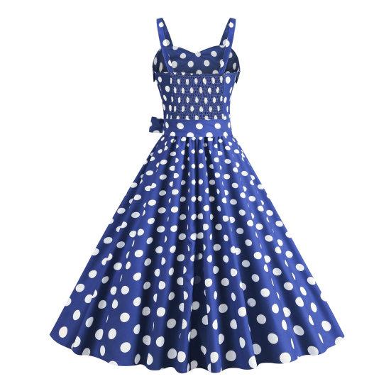 Women Vintage Dress 50s Retro A-line Big Swing Sleeveless Dot Print Contrast Color Elastic Bust High Tight Waist Backless