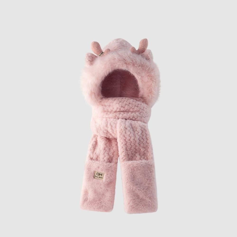 Ear Protection Bear Deer Ears Hat Soft Plush Integrated Cap Scarf Cartoon Winter Hat  Women