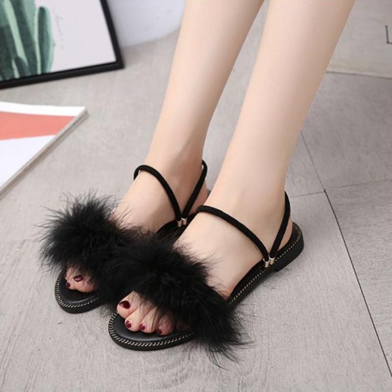 Сандалии женские тапочки на низком каблуке пушистые шлепанцы розовые летние винтажные туфли с перьями для женщин 2024 Junior Soft корейский стиль I