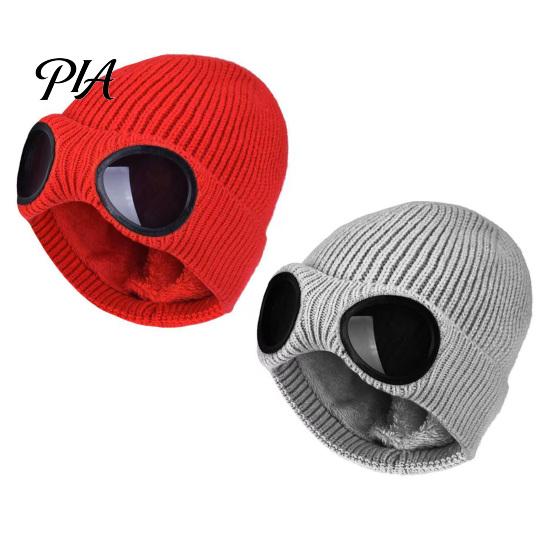 Warm Hat for Most Head Sizes 2Pcs Fleece Lined Hats with Goggles, Winter Knit Casual Accessory Outdoor Activities Hats, Windproof Skiing Caps