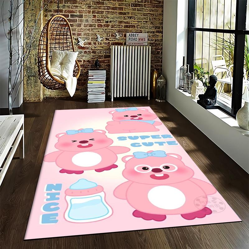 Pink Cartoon Bear Pattern Carpet with "Super Cute" and "Nice" Text Suitable for use as an anti-slip for living room bedroom sofas