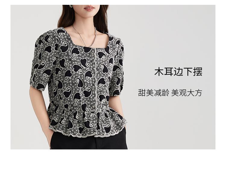 Pure cotton temperament floral age reducing short-sleeved shirt for women in 2026 summer, high-end and slim waist cinching top