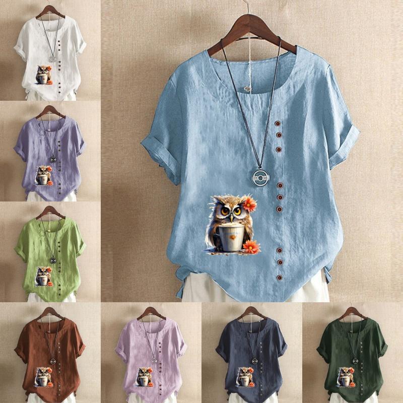 Women's Fashion Cartoon Owl Prined Short Sleeve T-shirt Loose Cotton Shirt Casual Loose Summer Blouse Tops Plus Size