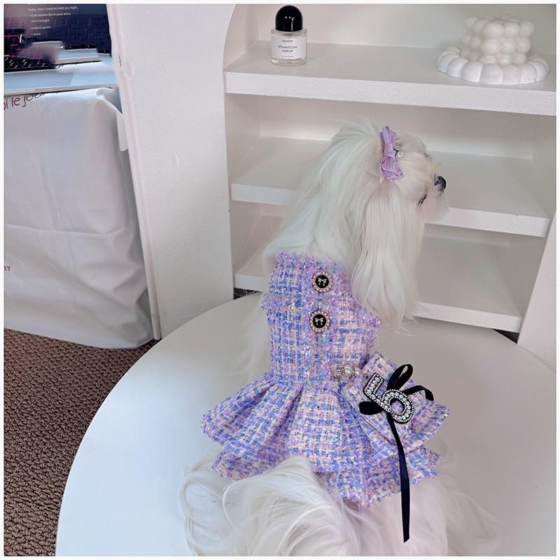 ``` Kawaii Purple Tweed Dog Dress Thick Lined Warm Pet Princess Skirt Sparkling Rhinestone Bow Ornament Luxury Formal Chihuahua