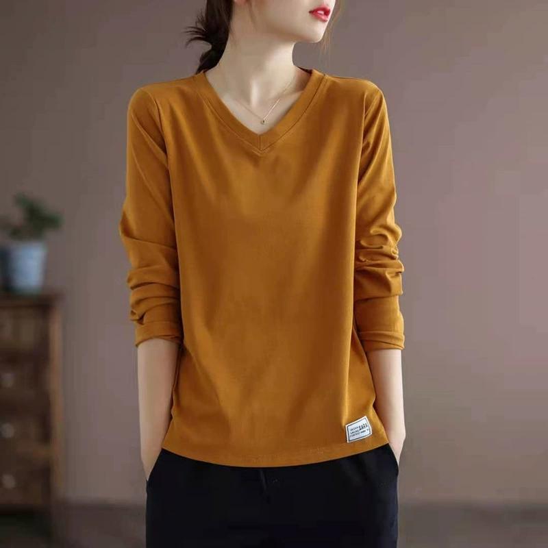 2025 Solid Color Long Sleeved T-shirt Women's Plus Size Women's Loose Base Shirt Top Trend