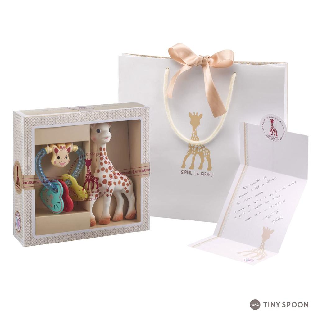 Подарочный пакет с погремушкой в форме сердца «Жираф Софи» и открыткой для сообщений. Японская игрушка «Вулли» для прорезывания зубов. Можно играть с 0 лет и 3–1 года. Первые детские товары.