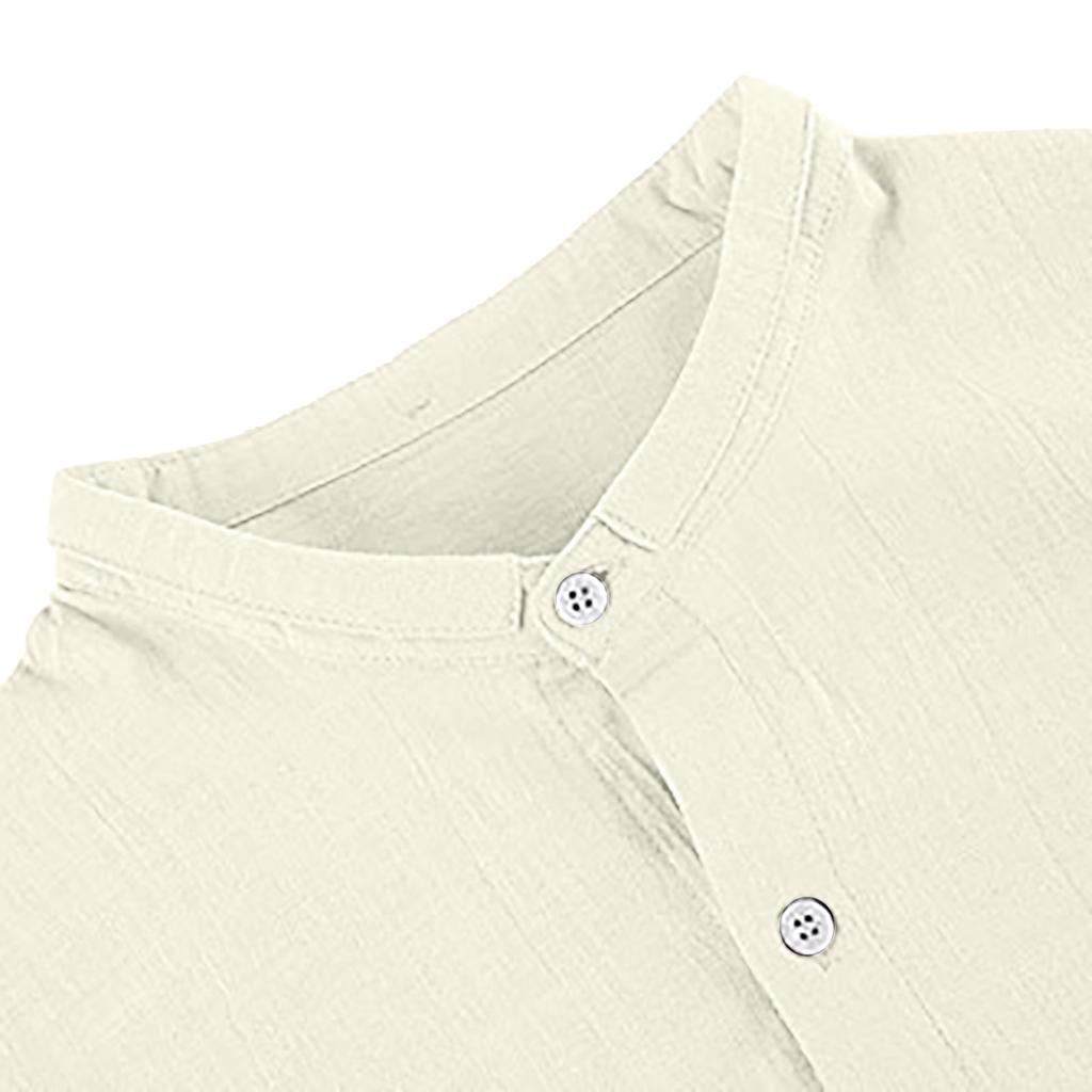 Мужская льняная повседневная рубашка с длинными рукавами без воротника с воротником-стойкой, летний топ