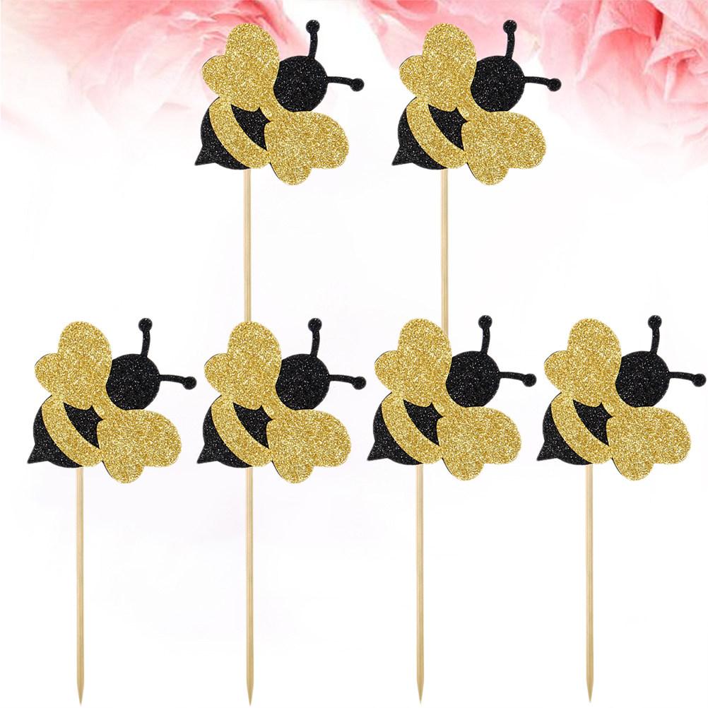 12Pcs Chic Bee Design Cake Toppers Glitter Star Accents Cupcake Decor Party Supplies for Birthday Wedding Theme Dessert
