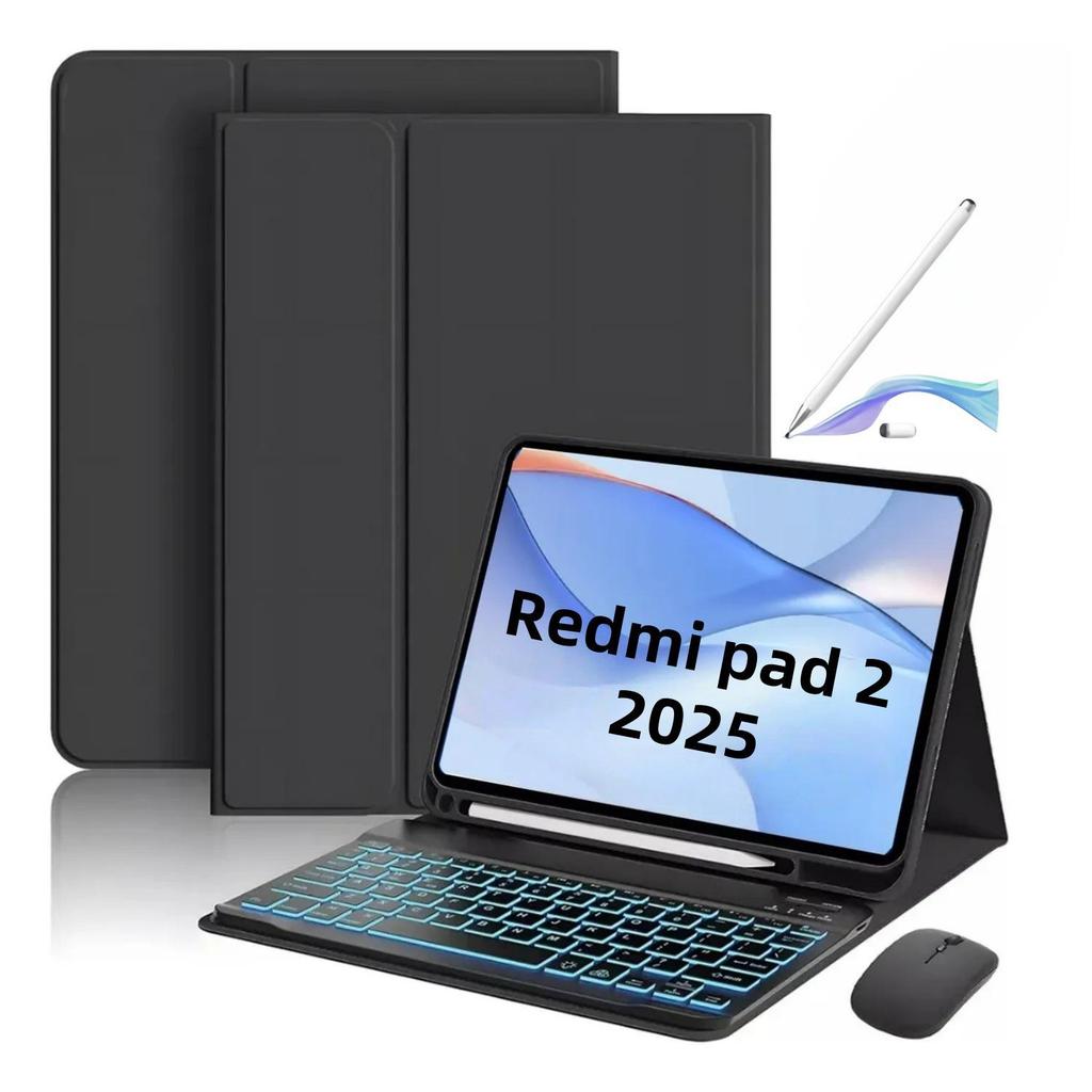 Красный чехол для планшета Xiaomi Pad 2 2025 года с магнитной задней панелью, Bluetooth-клавиатурой с подсветкой и слотом для стилуса для Redmi SE11